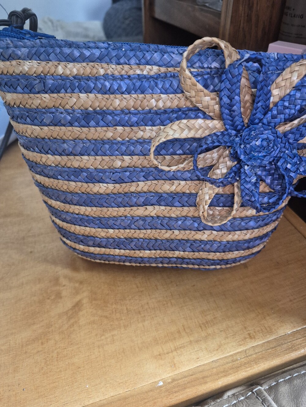 Striped Blue and Natural Straw Mini Tote with Floral Accent